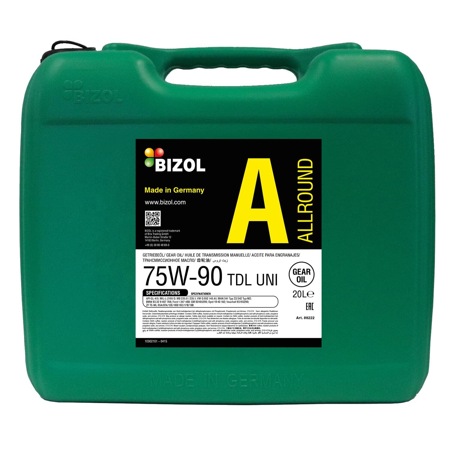 Трансмиссионное масло BIZOL Allround Gear Oil TDL 75W-90 UNI синтетическое 20л