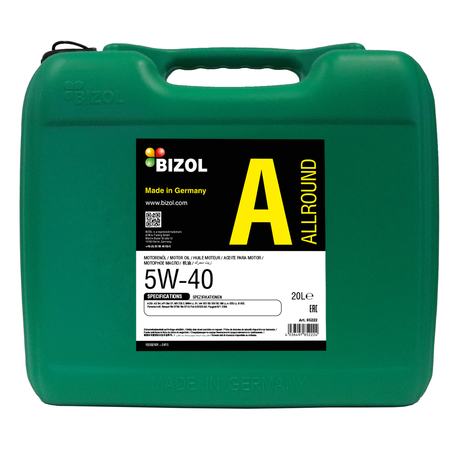 Синтетическое моторное масло BIZOL НС Allround 5W-40 SN A3/B4 (20л)