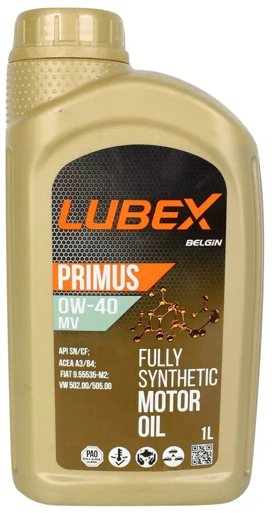 Синтетическое моторное масло LUBEX PRIMUS MV 0W-40, 1 л, 1 кг