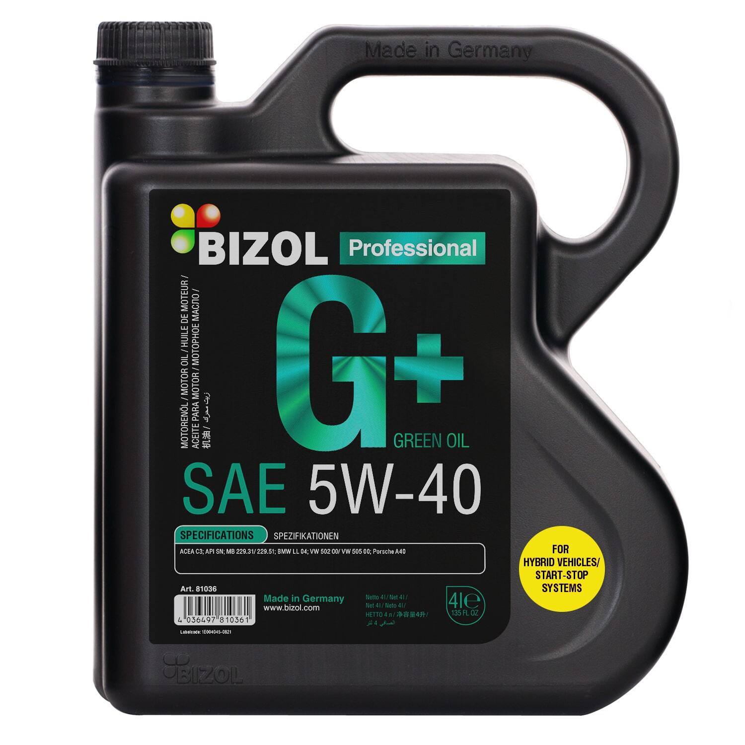 Синтетическое моторное масло BIZOL НС Oil+ 5W-40 SN C3 4 литра