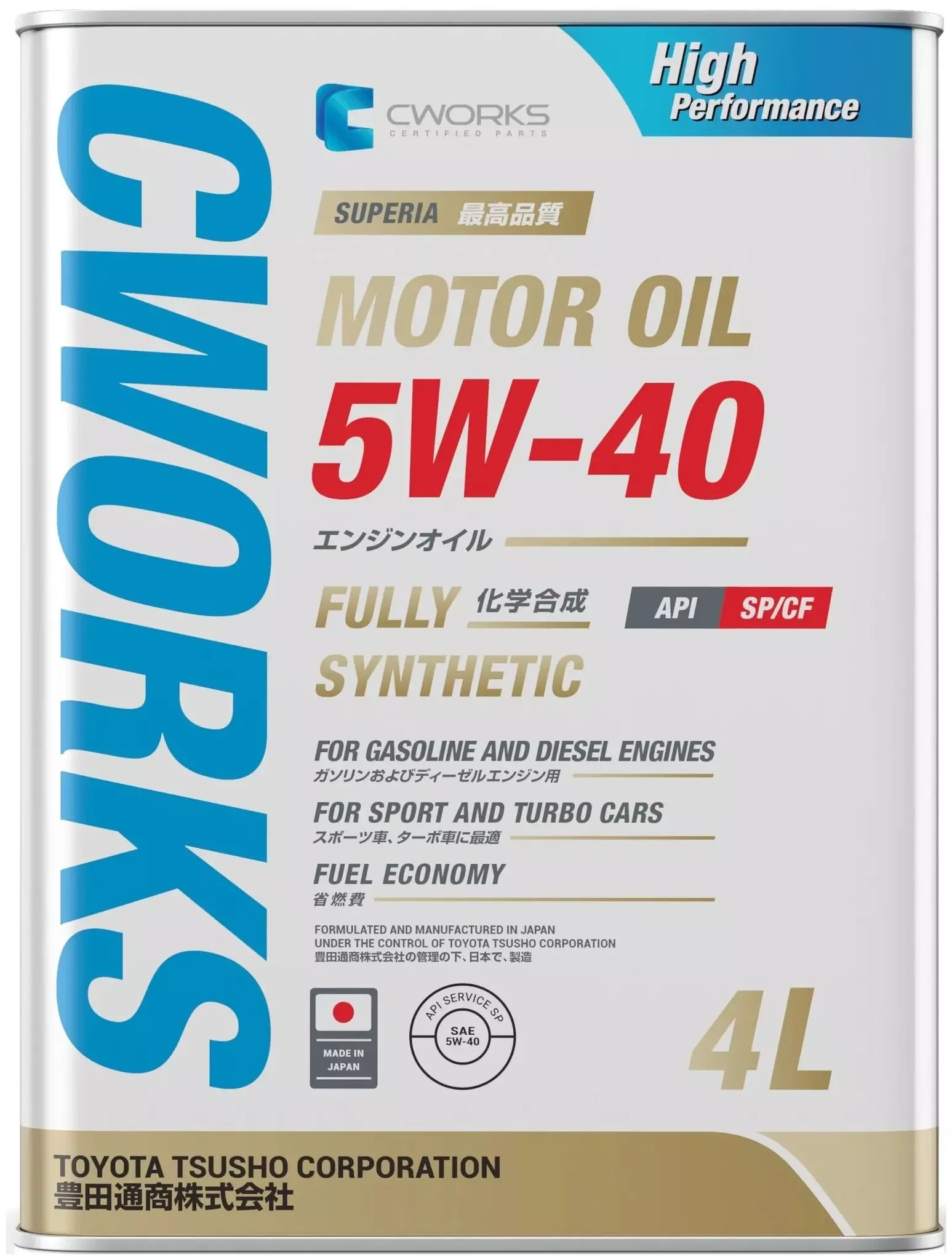 Синтетическое моторное масло CWORKS Superia 5W-40, 4 л, 3.8 кг